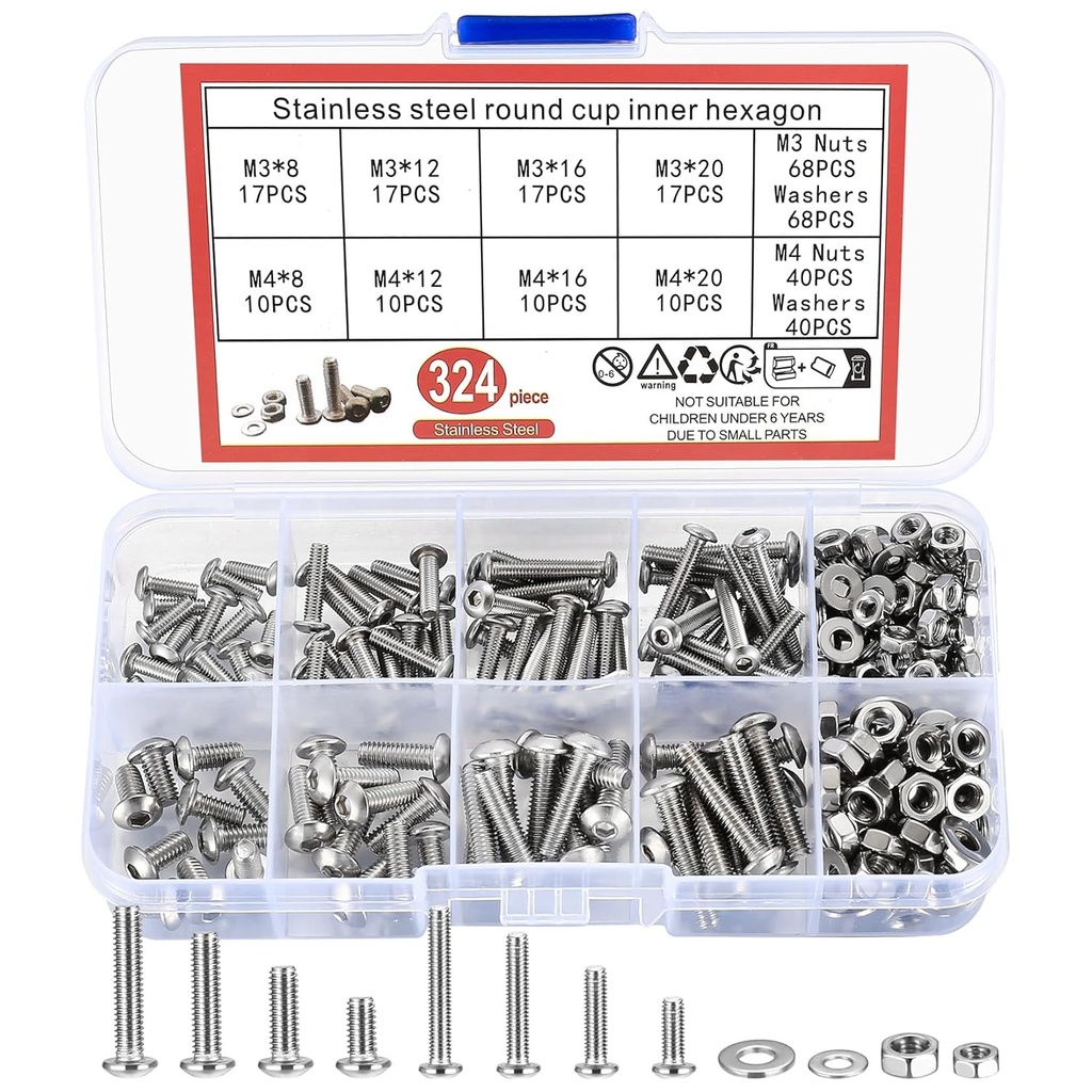 324 Pcs Metric Screw Assortment Kit, Metric Screws Bolts and Nuts and Washers Set, M3 M4 Hex Button Socket Head Cap Screws Nuts and Bolts and Flat Washers, Hex Socket Head Machine Screws