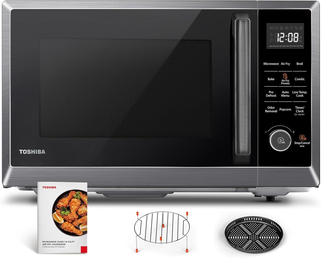 TOSHIBA Air Fryer Combo 8-in-1 Countertop Microwave Oven, Convection, Broil, Odor removal, Mute Function, 12.4" Position Memory Turntable with 1.0 Cu.ft, Black stainless steel, ML2-EC10SA(BS)