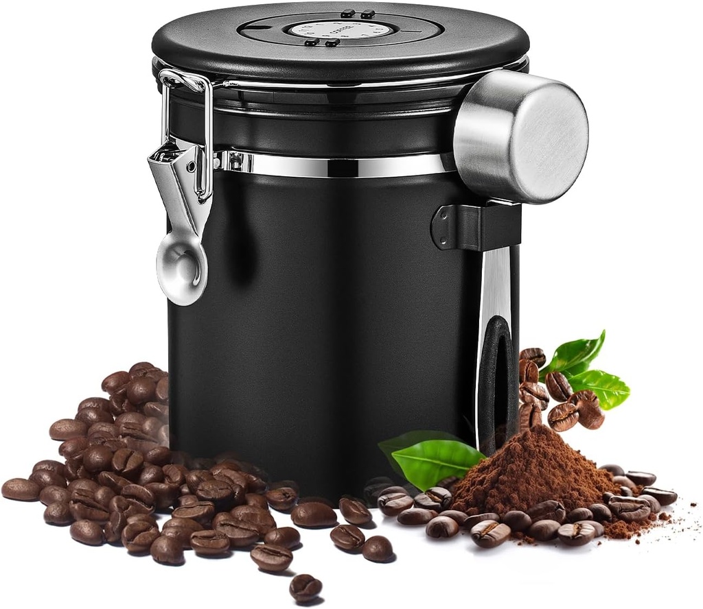 Airtight Coffee Container with Date Tracker & Spoon - Kitchen Storage Jar for Coffee Grounds, Cereal, Beans, Sugar (Black, 16OZ)