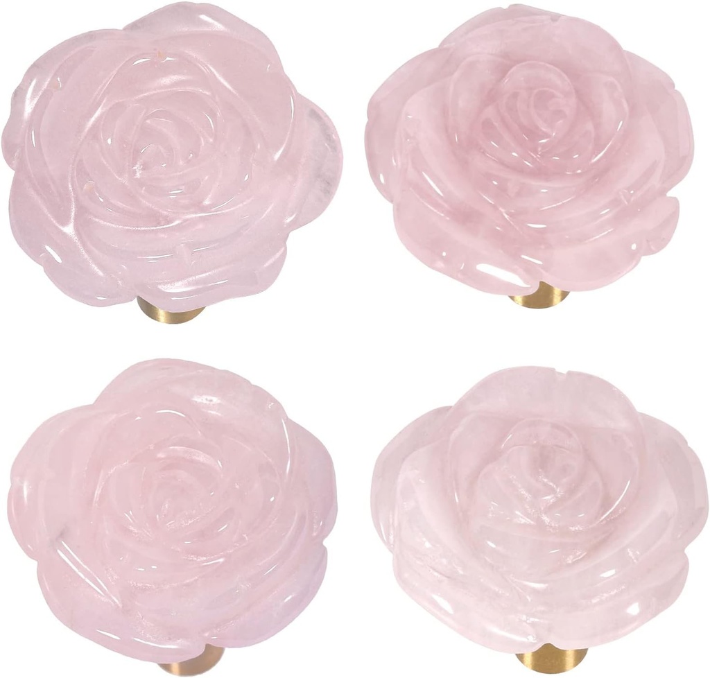 mookaitedecor Set of 4 Natural Rose Quartz Crystal Cabinet Knobs with Screws, Decorative Floral Stone Drawer Pulls for Dresser Door Kitchen