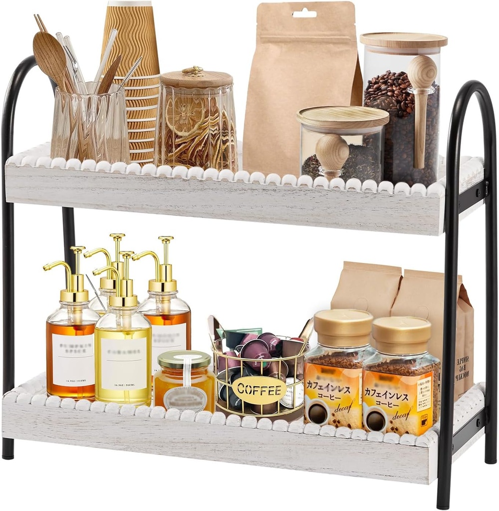 2 Tier Coffee Bar Organizer, Wood Coffee Bar Accessories Shelf for Countertop, Rustic Coffee Station Organizer Decor Stand Rack for Mugs Cups Syrup, Condiment Storage Holder for Kitchen, Home, Office
