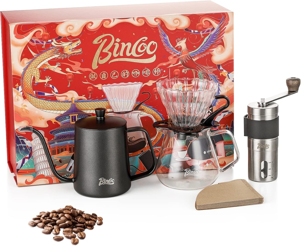 Bincoo Pour Over Coffee Maker 5-piece Set with Manual Coffee Grinder and 600ML Coffee Kettle Portable Professional Hand Brewed Pour Coffee Maker Drama Style Gift Set