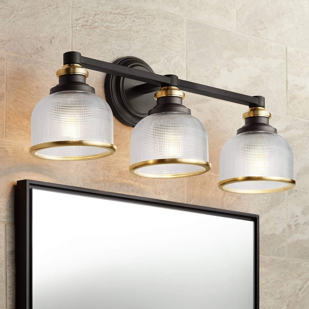 Possini Euro Design Poway Industrial Modern Wall Light Bronze Warm Brass Hardwired 24" 3-Light Fixture Textured Glass Bowl Shade for Bedroom Bedside Bathroom Vanity Living Room Hallway Dining House