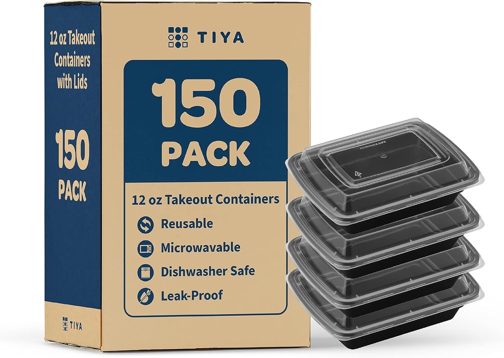 TIYA Food Containers - 12 oz Bulk 150 Pack with Lids - Rectangular Plastic To-Go Containers - Reusable, Microwavable, Dishwasher Safe - Leak-Proof for Meal Prep - BPA-Free