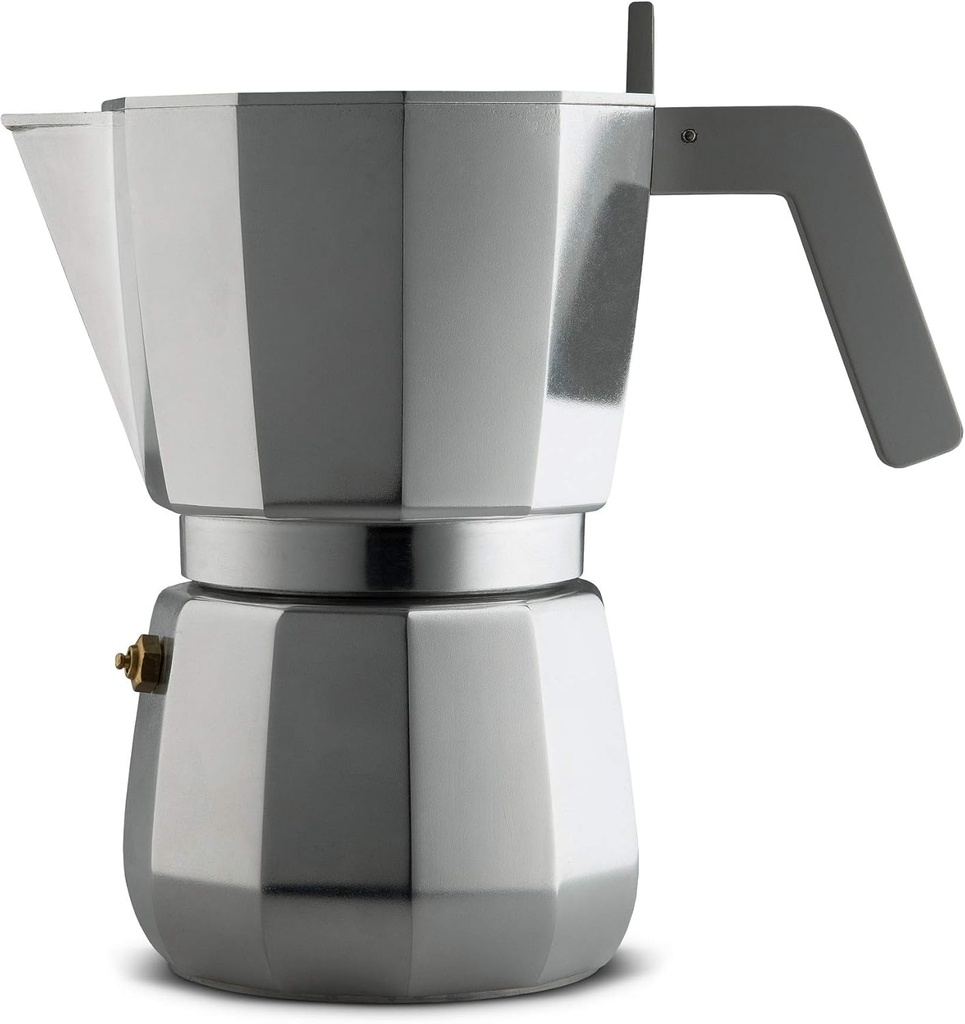 Alessi Moka, Espresso coffee maker in aluminium casting. Handle and knob in PA, grey. Magnetic steel bottom suitable for induction cooking. Filter for American coffee included. 9 cups.