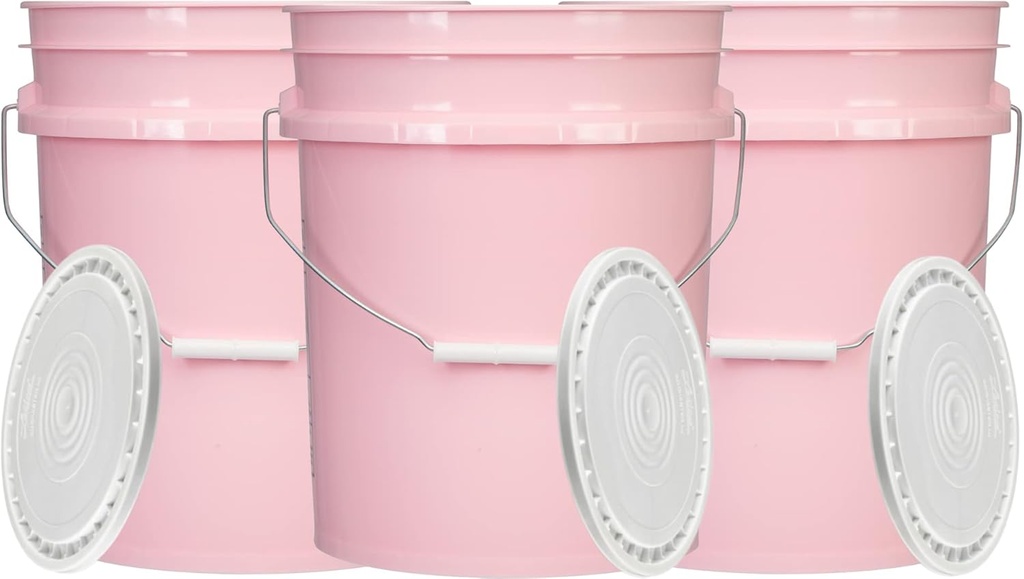 House Naturals 5 Gallon Pink Food Grade Plastic Storage Bucket with Lid Cover (Pack of 3) Made in USA (with White Easy Open Close Lids)