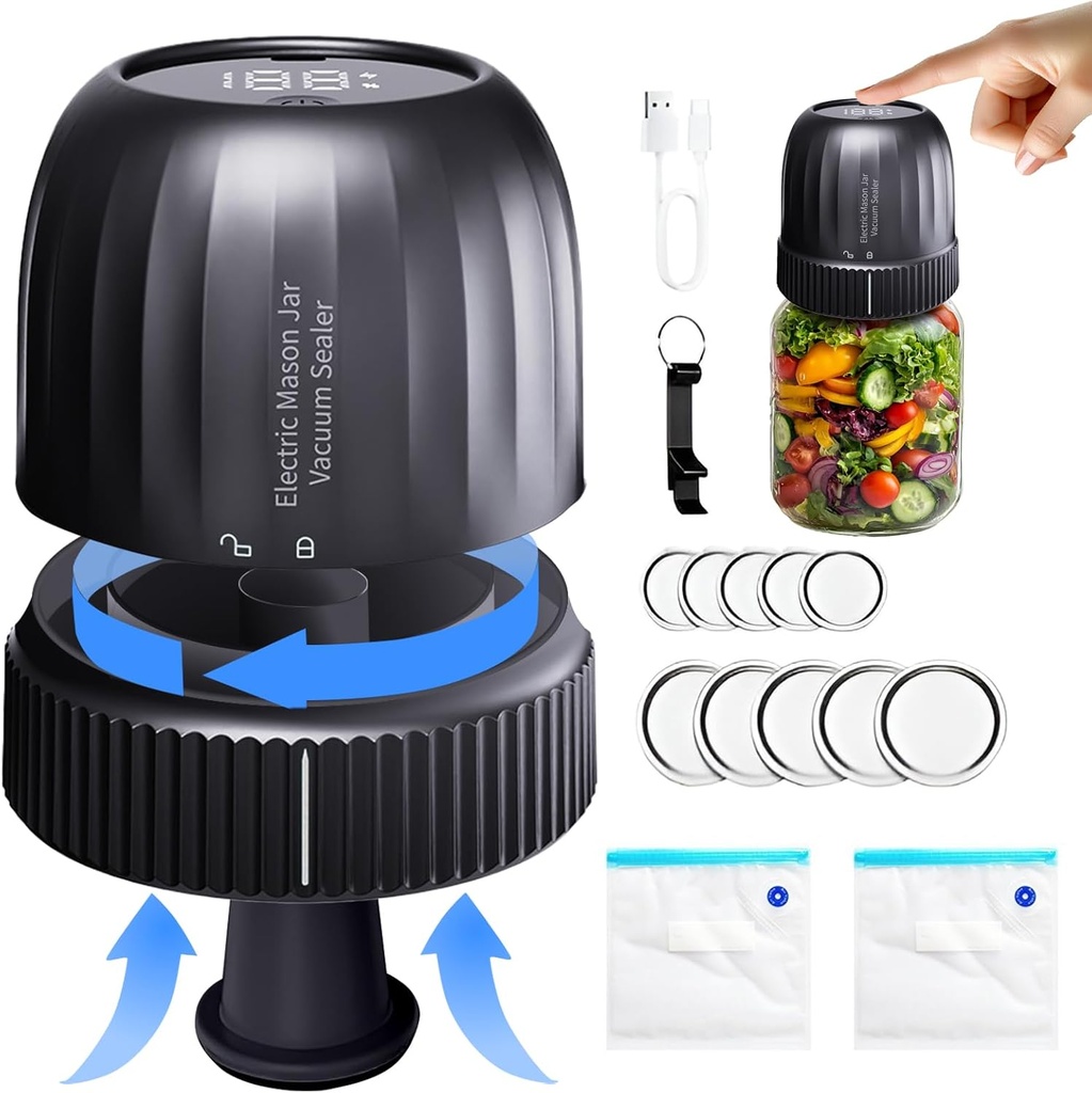 Electric Mason Jar Vacuum Sealer Electric Vacuum Sealer 3-in-1 Automatic Sealer Compatible with Vacuum Bags, Can Opener, Wide Mouth and Regular Mouth Mason Jar Lids for Food Storage (Solid Color)