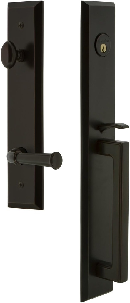 Grandeur 847805 Hardware Fifth Avenue One-Piece Handleset with D Grip and Georgetown Lever in Timeless Bronze, Size, Single Cylinder Lock-2.375" Backset