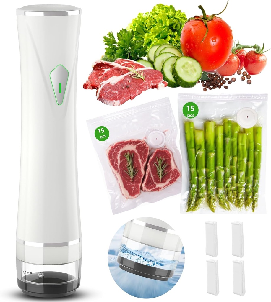 Vacuum Sealer Set (Vacuum Machine + 30 Reusable Vacuum Bags) Handheld Vacuum Sealer for Food, Portable Compact Food Sealer with Auto-Stop & Detachable Filter, 5X Freshness Lock