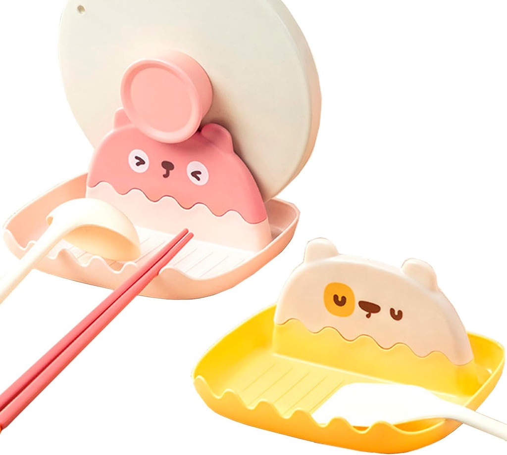 2 PCS Spoon and Lid Rest, Cute Cartoon Bear Utensil Holder for Stove Top, Plastic Pot Lid Holder for Kitchen Counter (Yellow, Pink, 2)