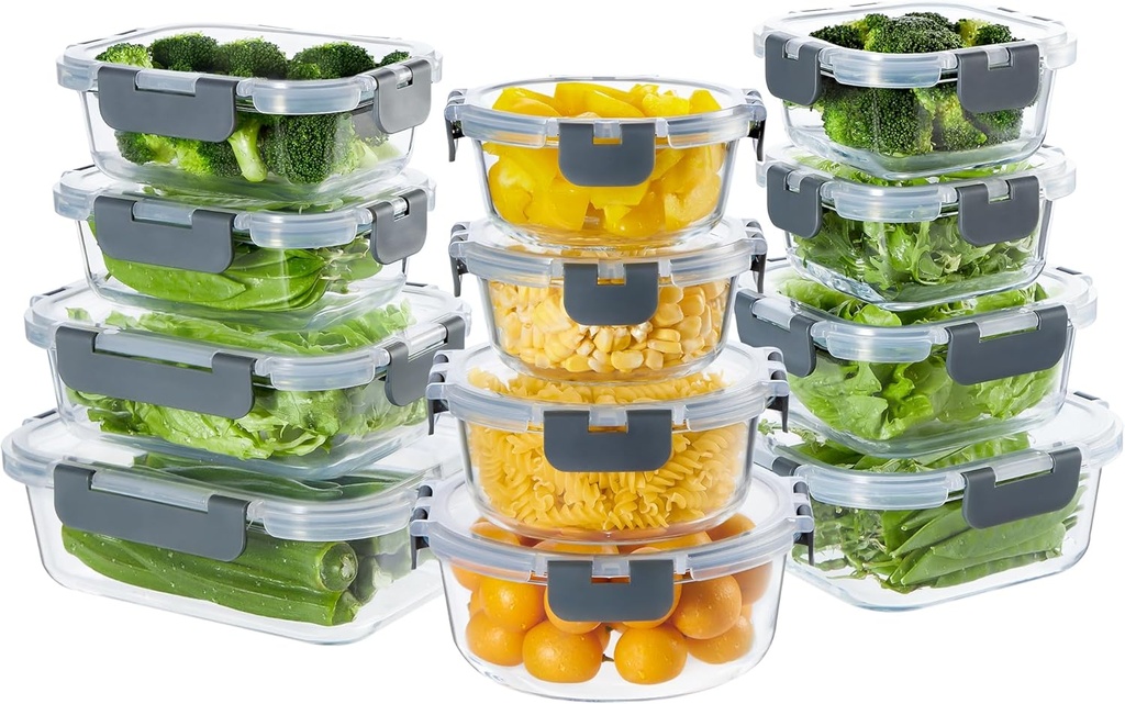 24 Pieces Glass Meal Prep Containers, Glass Food Storage Containers with Lids, Reusable Airtight Leakproof Lunch Bento Boxes Freezer, Microwave Oven and Dishwasher, Gray