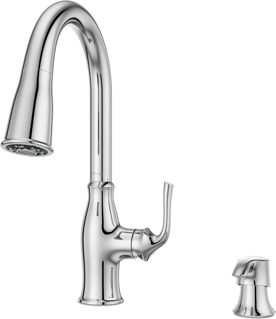 Pfister Rosslyn Kitchen Faucet with Pull Down Sprayer and Soap Dispenser, Single Handle, High Arc, NSF Certified, Polished Chrome Finish, F5297RSSRC