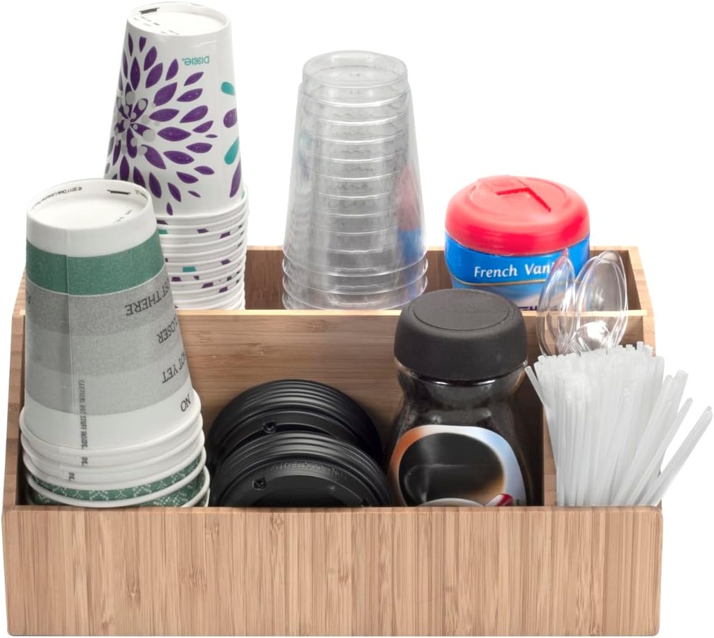 MobileVision Bamboo Coffee Condiment & Accessory Organizer Holds Cups, Lids, Espresso Pods, Sugar, Stirs, Creamer & More Kitchen & Commercial Use, Bamboo, 4 Sections