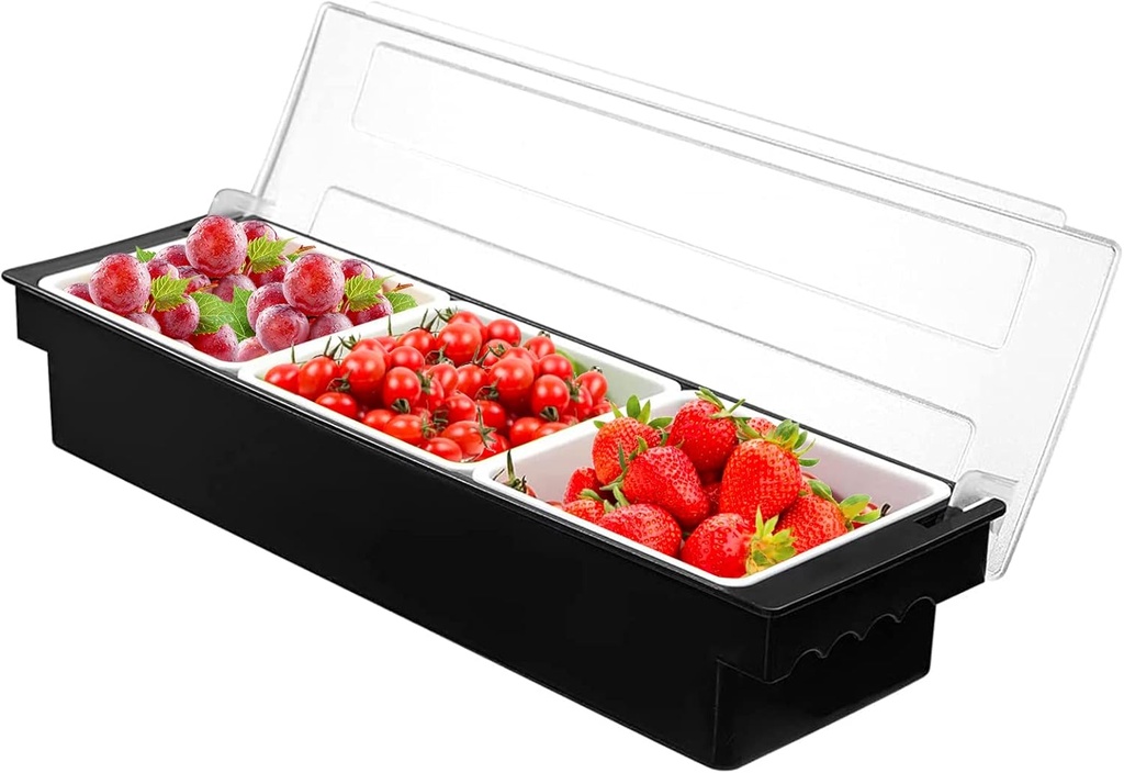 FEOOWV Fruit Veggie Condiment Caddy with Lid, 3 Compartment Plastic Dispenser Tray for Catering Dips Toppings, Serving Taco, Ice Cream, Fruit, & Salad Bar Garnish Organizer for Restaurant Supplies