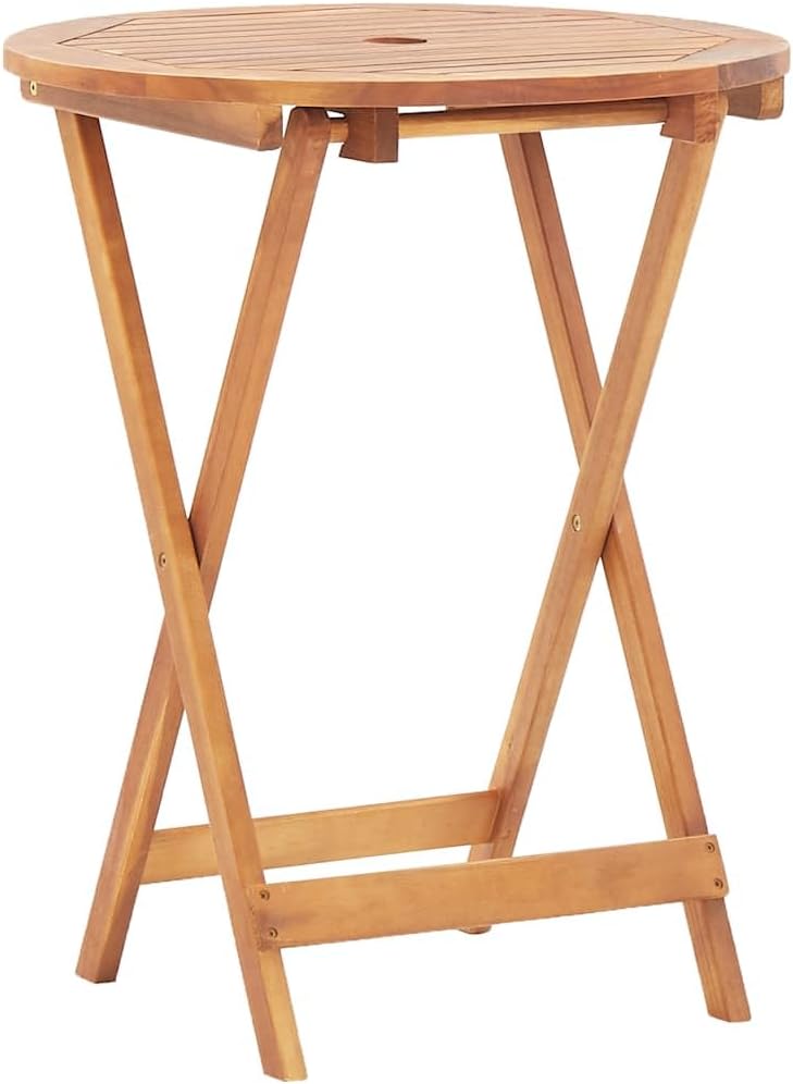 vidaXL Solid Acacia Wood Round Patio Table with Parasol Hole and Foldable Design, 23.6"x29.5", Weather-Resistant Outdoor Garden Furniture