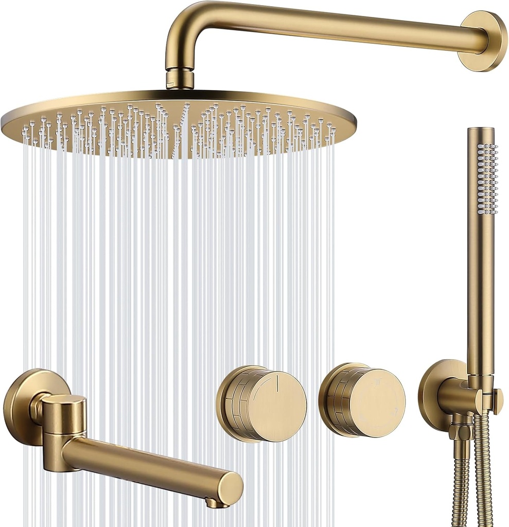 TRUSTMI Brushed Gold Shower System with Swivel Tub Spout, Wall Mounted 12" Rainfall Shower Set with Brass Rough-In Pressure Balance Diverter Valve and Trim Kit