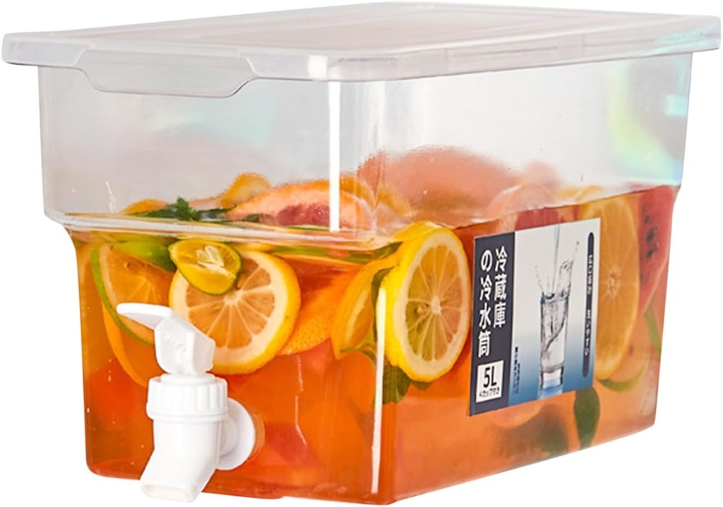 Fridge Beverage Drink Dispenser with Spigot, 5L Cold Water Pitcher with Lid, Cold Drink Container for Refrigerator, Iced Beverage Dispenser for Party Drinks Juice Iced Tea Cocktail Lemonade Cold Brew