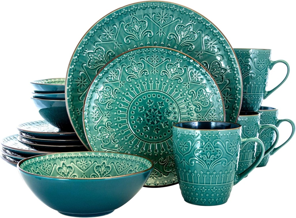 Unknown1 Deep Ocean Mandala 16 Pc Round Stoneware Dinnerware Set in Green Blue Textured Casual Piece Microwave Safe, Medium