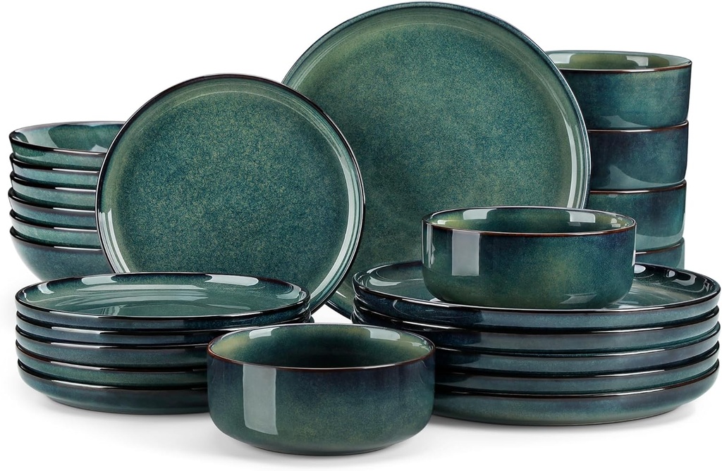 vancasso Starry Plates and Bowls Sets for 6, 24 Pieces Dinnerware Sets, Green Reactive Glaze Dishes Sets for Kitchen, Scratch Resistant Stoneware Dishes Set, Dishwasher and Microwave Safe