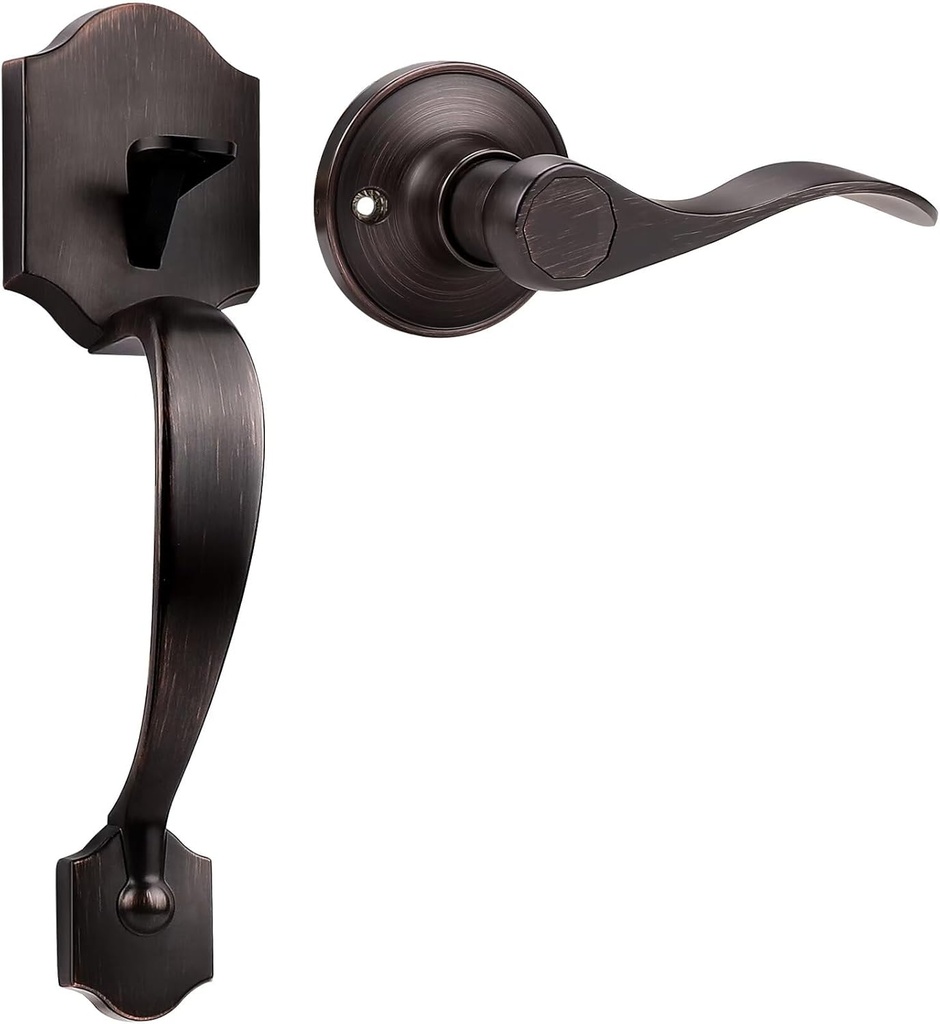 Main Entrance Keyless Door Handleset, Passage Front Door Handle with Lever Inside, Low Profile Front Lock Handleset with Oil Rubbed Bronze Finish, Reversible for Right & Left Sided