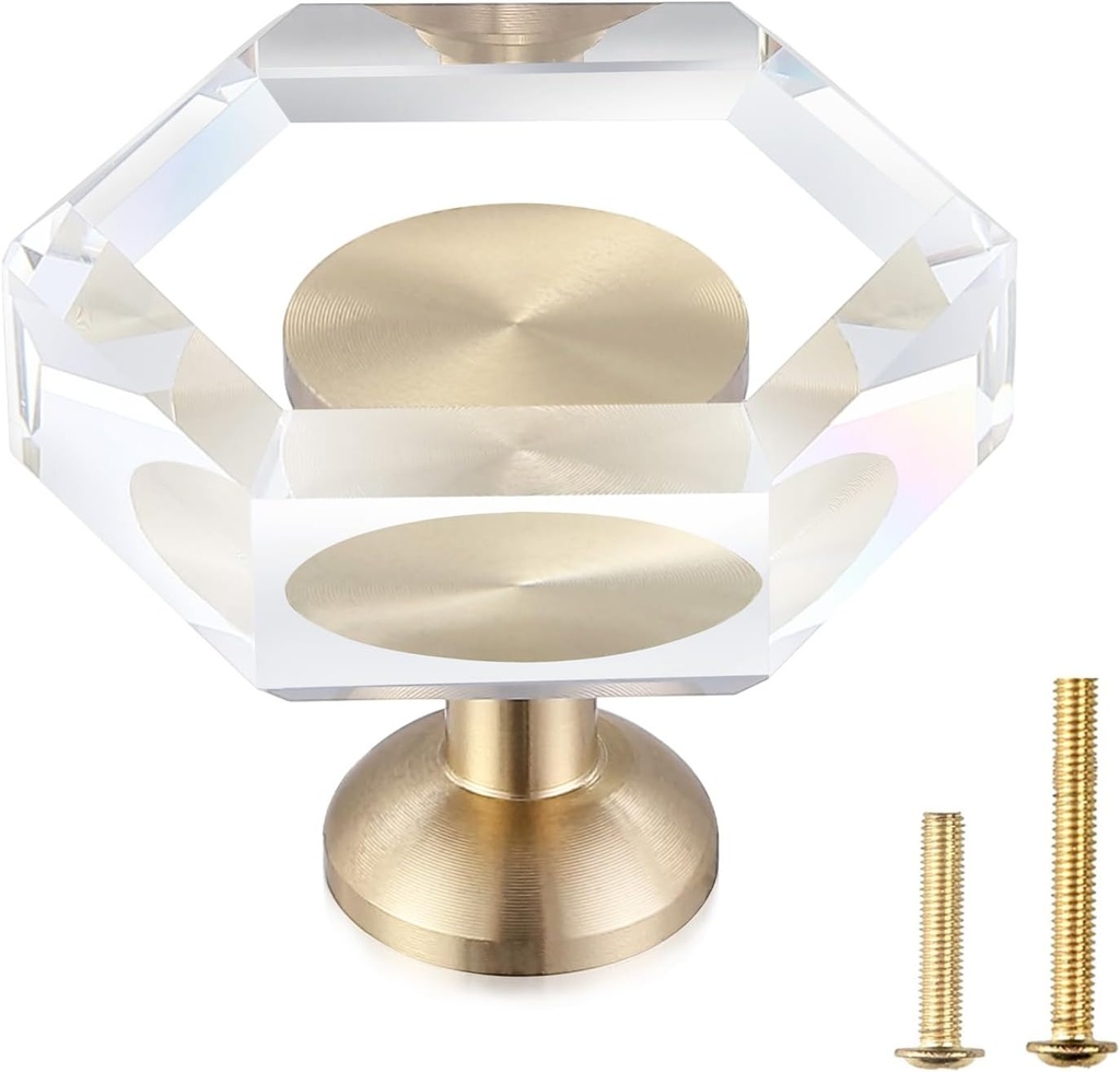 12-Pack Brass Base Crystal Drawer Knobs,Glass Crystal Gold Cabinet Knobs,1-5/16-Inch Hexagon,Kitchen Hardware Pulls, Modern Bathroom Hardware knob