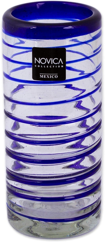 NOVICA Hand Blown Cobalt Blue Swirl Recycled Glass Tumbler Glasses, 9 Oz 'Cobalt Spiral' (Set Of 6),6" H x 2.6" Diam.,123975