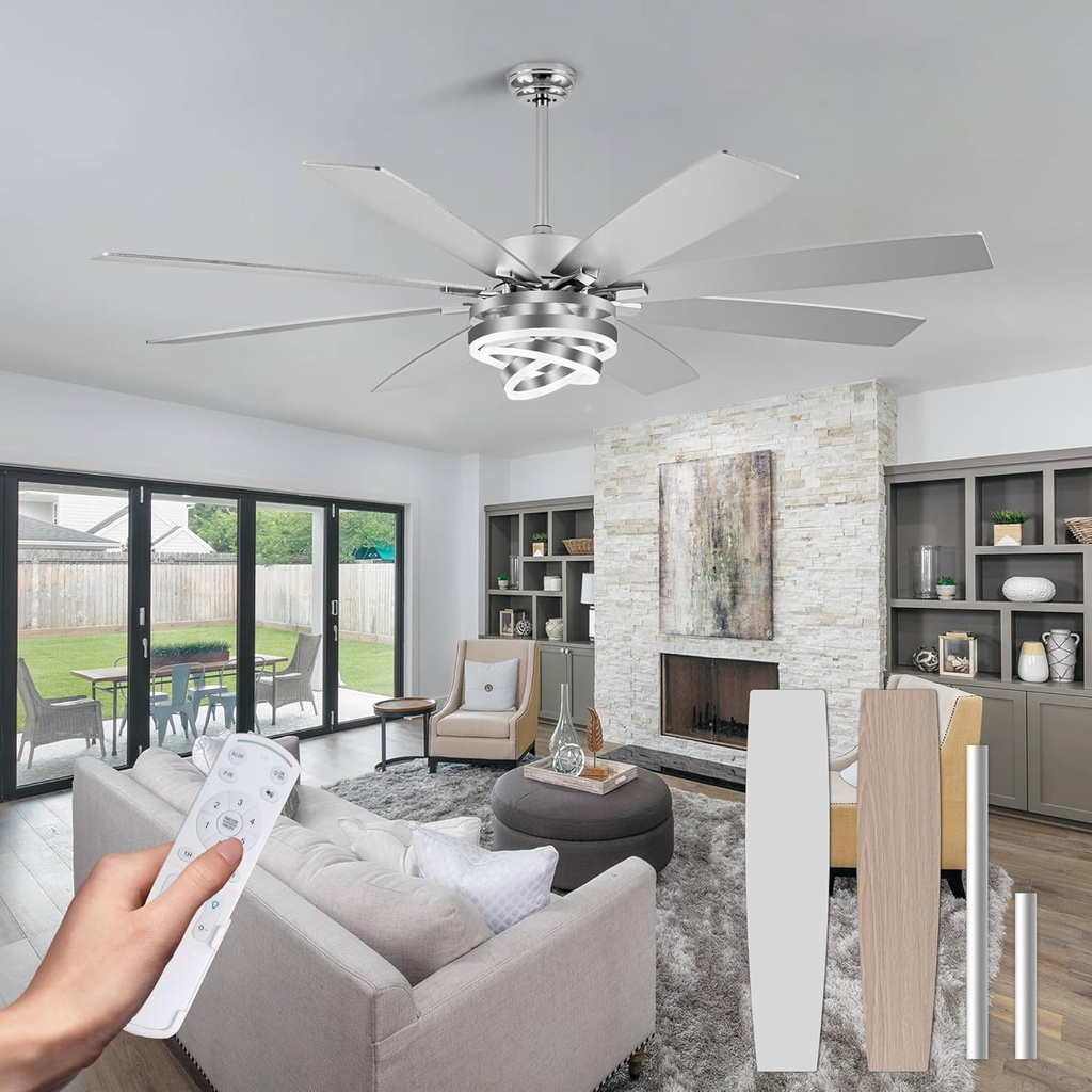 72 Inch Modern Large Ceiling Fans with Lights and Remote Reversible Quiet DC Motor 6 Speed Silver LED Chandelier Ceiling Fans for Living Room Bedroom Kitchen
