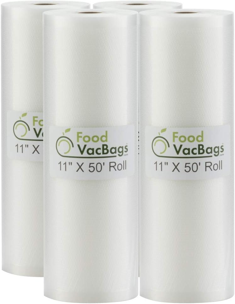 FoodVacBags 11" x 50' Vacuum Sealer Roll, Make Custom-Sized Bags, BPA-Free, Multi-Layer Construction Vacuum Sealer Bags, Four Rolls