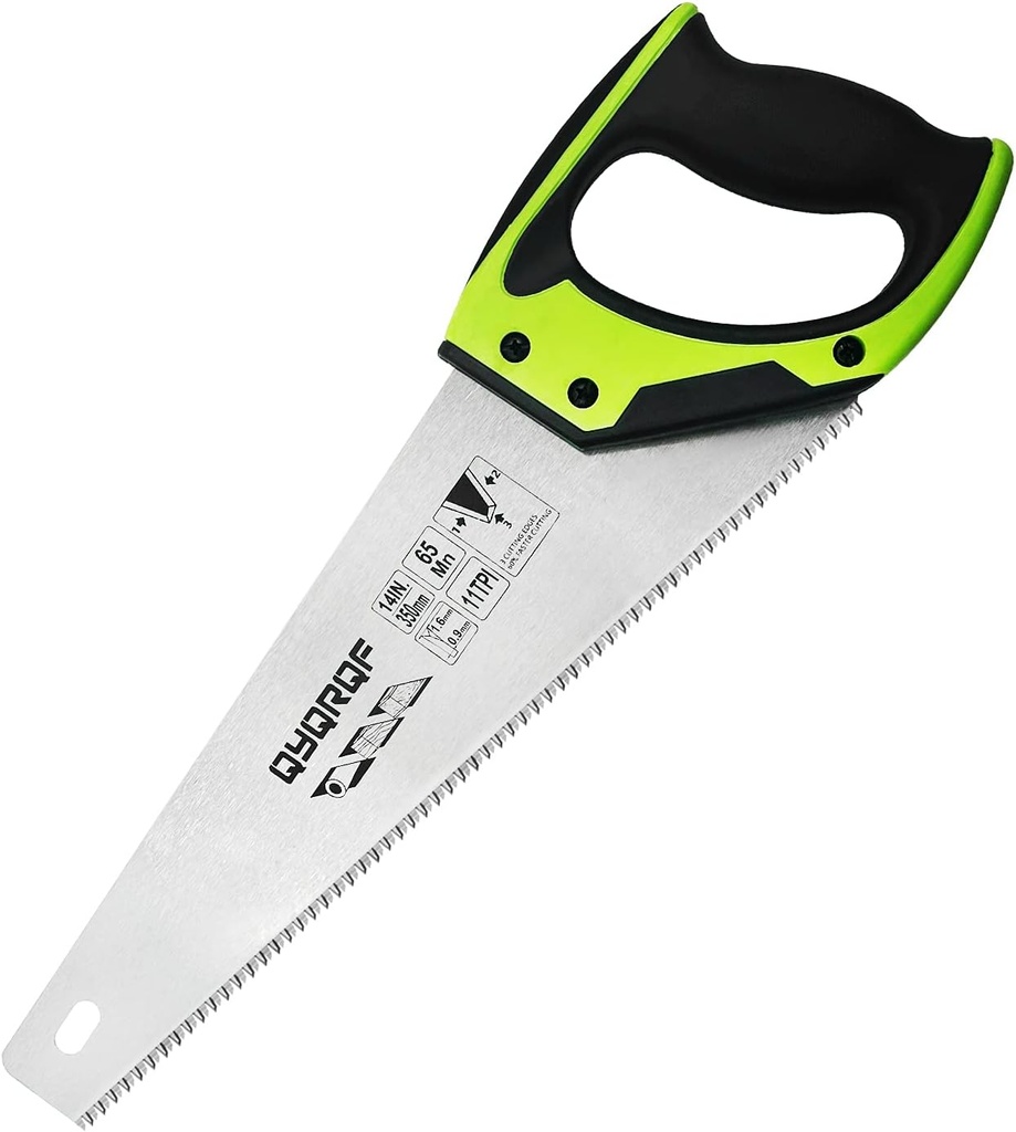 14 in. Pro Hand Saw, 11 TPI Fine-Cut Soft-Grip Hardpoint Handsaw Perfect for Sawing, Trimming, Gardening, Cutting Wood, Drywall, Plastic Pipes, Sharp Blade, Ergonomic Non-Slip Handle (green)