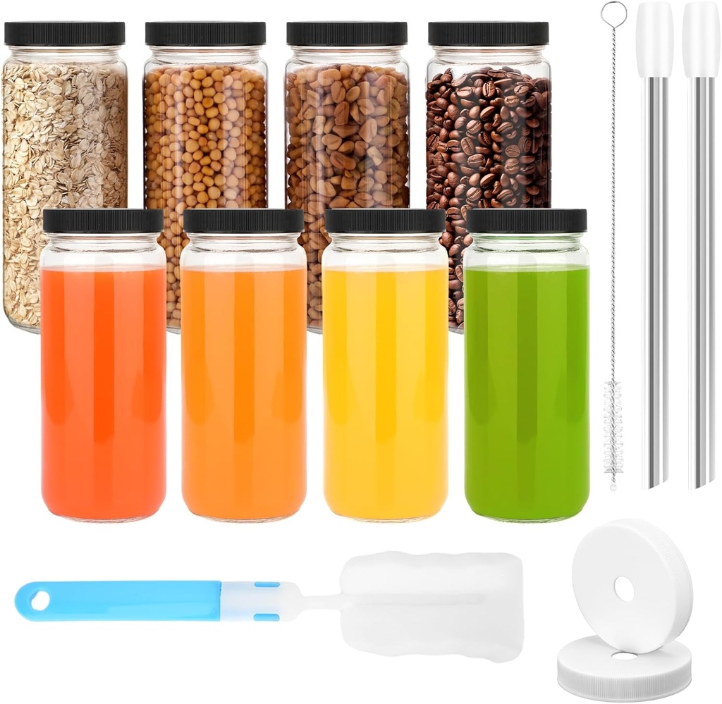 Zukro Glass Juice Bottles with Lids 16 oz| 8 Pack Wide Mouth Leak Proof Clear Reusable Drinking Jar Container With 2 Straws For Juicing, Smoothie, Water, Bubble Tea| BPA-Free & Airtight|