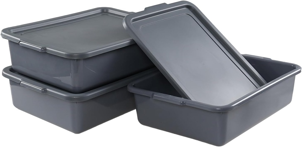 Esdiplot 13 L Commercial Bus Tub with Lid, Food Service Bus Tubs with Lids, Bus Box for Restaurant, Gray, 3 Pack