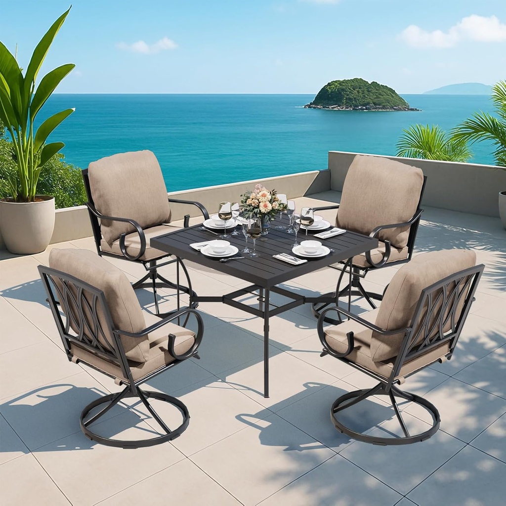 MELLCOM 5 Pcs Outdoor Dining Set, 4 Swivel Rocker Chairs with Thick Cushions & Square Dining Table with Umbrella Hole, Patio Furniture Set for Porch, Garden, Backyard, Poolside, Deck, Khaki