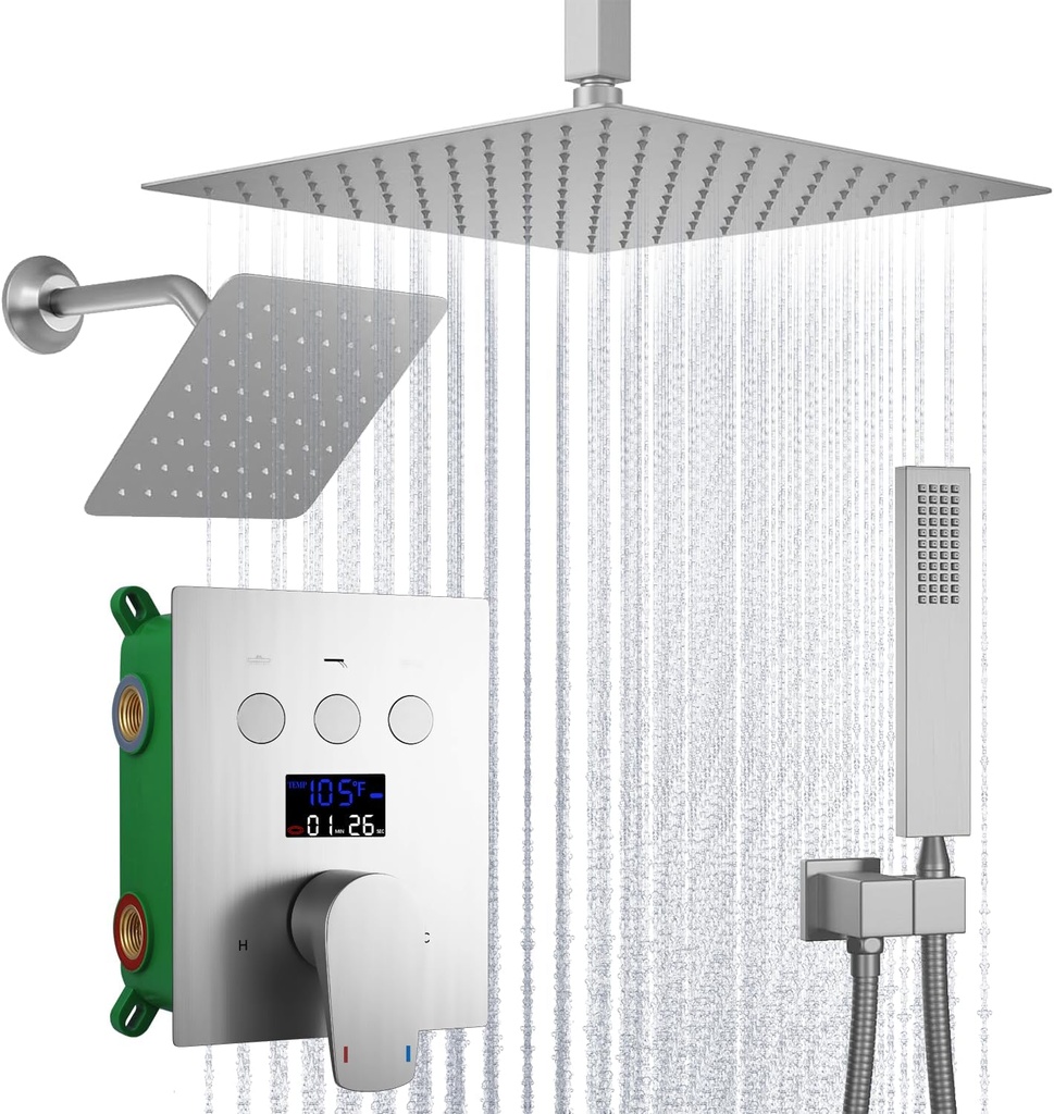Dual Shower Heads Shower System with 12 Inch Ceiling Rainfall Shower Head and 8 Inch Side Shower Head Digital Display Shower Fixtures Luxury Shower Faucet Set,Brushed Nickel