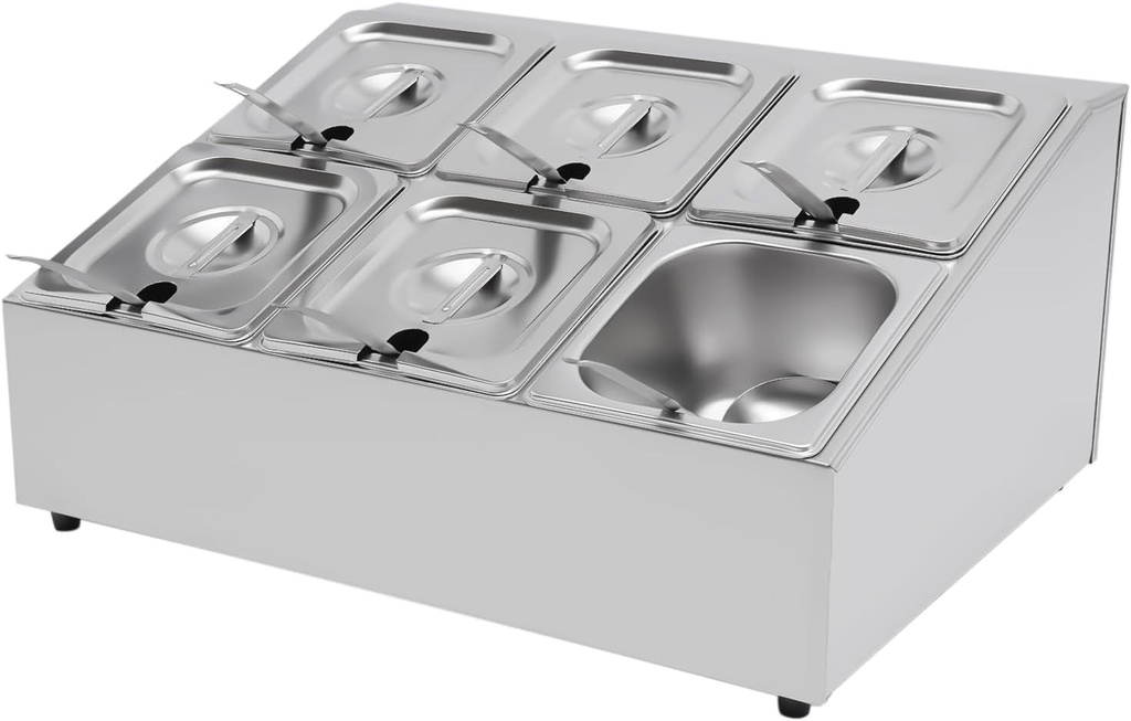 Pizza Topping Station Organizer 2-Tier Stainless Steel Spice Rack Shelf Holder Condiment Container Dispenser with 6 Pans& Lids for Ingredients Sauce Salad Jam Fruits