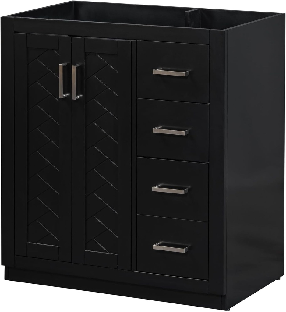 30 Inches Bathroom Vanity Without Sink – Solid Wood Storage Cabinet, Freestanding Vanity Set with 3 Drawers Soft Closing Door, Black Finish for Modern Bathrooms (3 Drawers + 1 Doors)