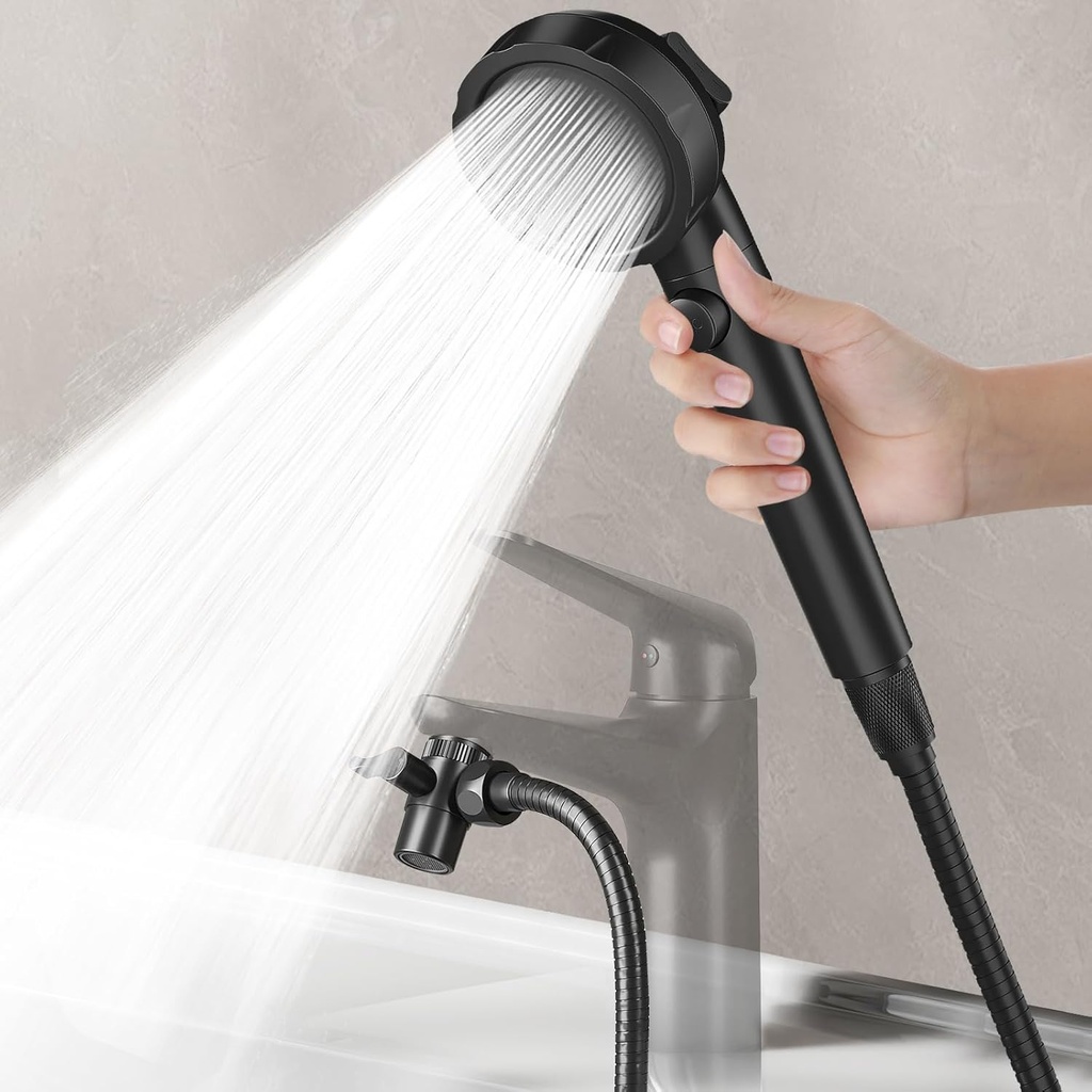 HOWUWEY Sink Hose Attachment for Faucet with 5 Adapters, Tub Faucet Sprayer Attachment, 3 Spray Modes Shower Head with ON/OFF Button, Filtered Shower Sprayer for Tub (Matte Black)