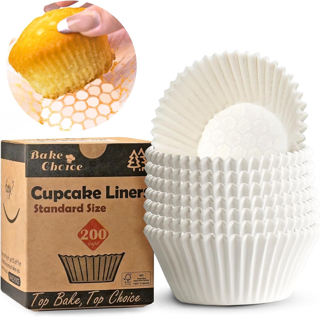 200pcs Standard White Cupcake Liners for Baking, Upgraded Natural Muffin Liners, Balance Non-Stick & Non-Slip, Greaseproof Parchment Paper, Cupcake Wrapper for Party, Wedding, Christmas