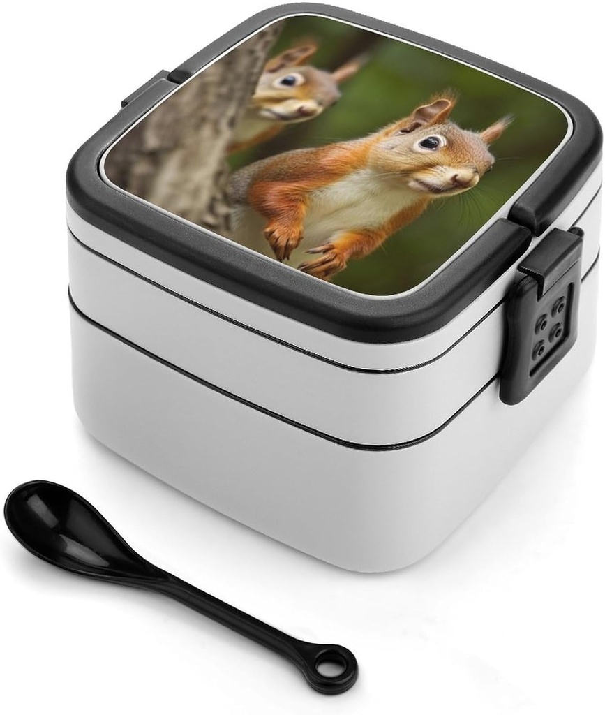 Stackable Double-Layer Bento Box Squirrel Adults Lunchbox with Spoon Cute Japanese Bento Box Dishwasher Safe for Work Travel Dining Outc