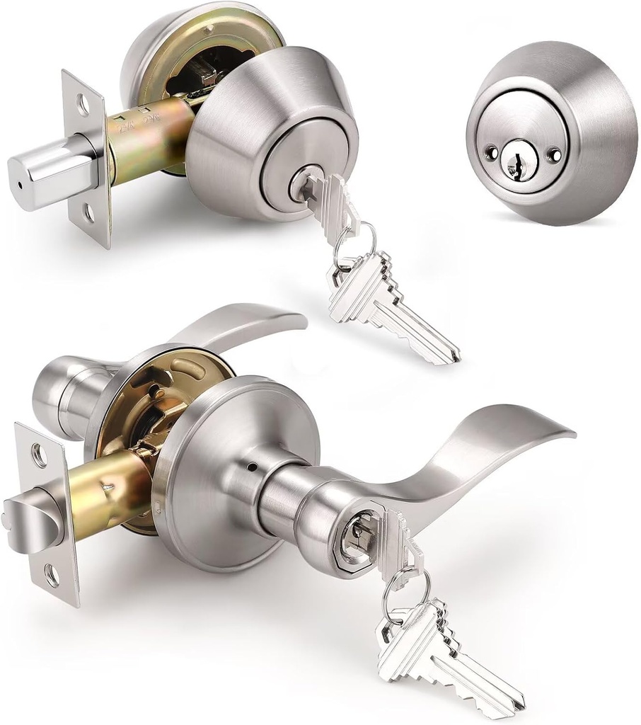 Knobonly 1 Pack Satin Nickel Entryt Door Handle with Double Cylinder Deadbolt, Exterior Door Lock Set Keyed Alike, Zinc Alloy Front Door Handles, Wave Style Door Levers