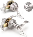 Knobonly 1 Pack Satin Nickel Entryt Door Handle with Double Cylinder Deadbolt, Exterior Door Lock Set Keyed Alike, Zinc Alloy Front Door Handles, Wave Style Door Levers