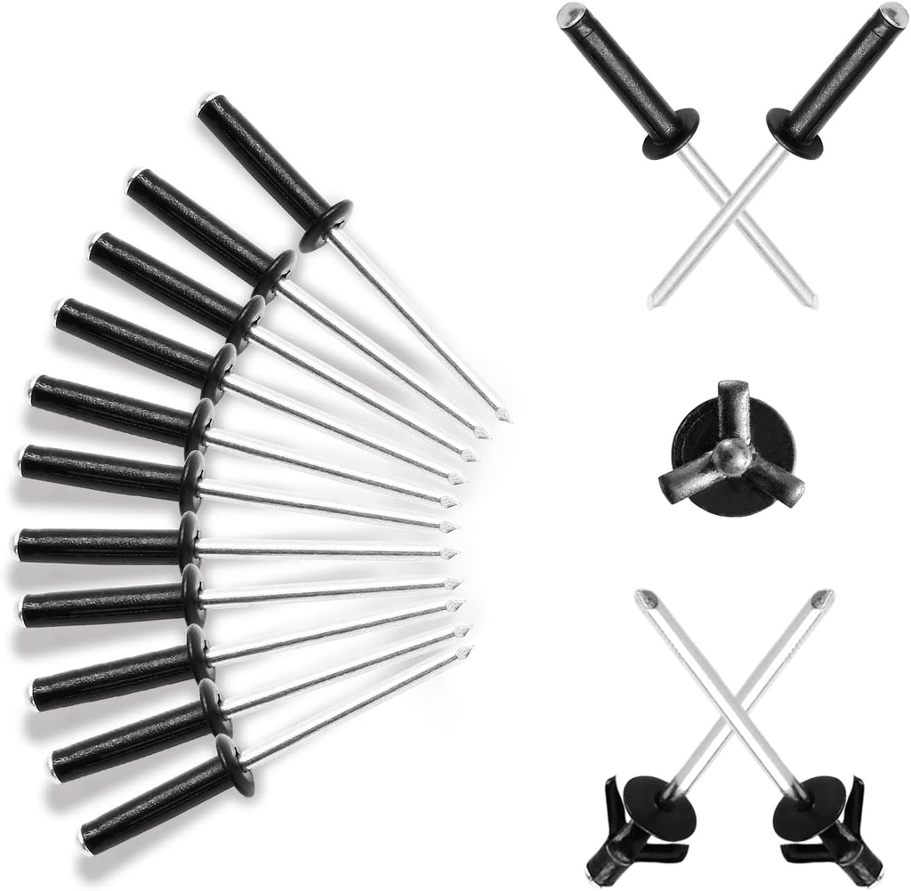5/32" x 3/4" Tri Grip Rivets Assortment - 50Pcs, Black Trifold Exploding Pop Rivets Aluminum Trifold Trivets Big Head Pop Rivets for Marine Boat Kyaka