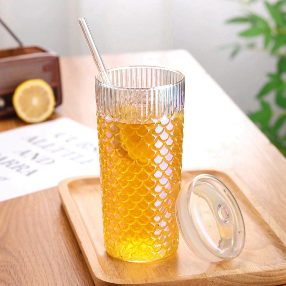 Fish Scale Glass Cups with Lids and Straws, 18oz/22oz Vintage Drinking Glasses,Ribbed Glassware Creative Glass Cups for Iced Coffer Tea Juice Bar Accessories (22oz,E)