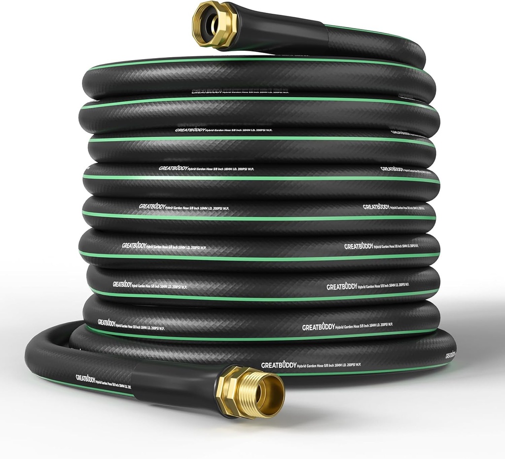 GreatBuddy 100 ft Garden Hose 5/8 Inch Heavy Duty Water Hose, Less Kink Flexible Hybrid Polymer Outdoor Hose for Lawn Care, Car Washing, Pet Bathing and Household Use
