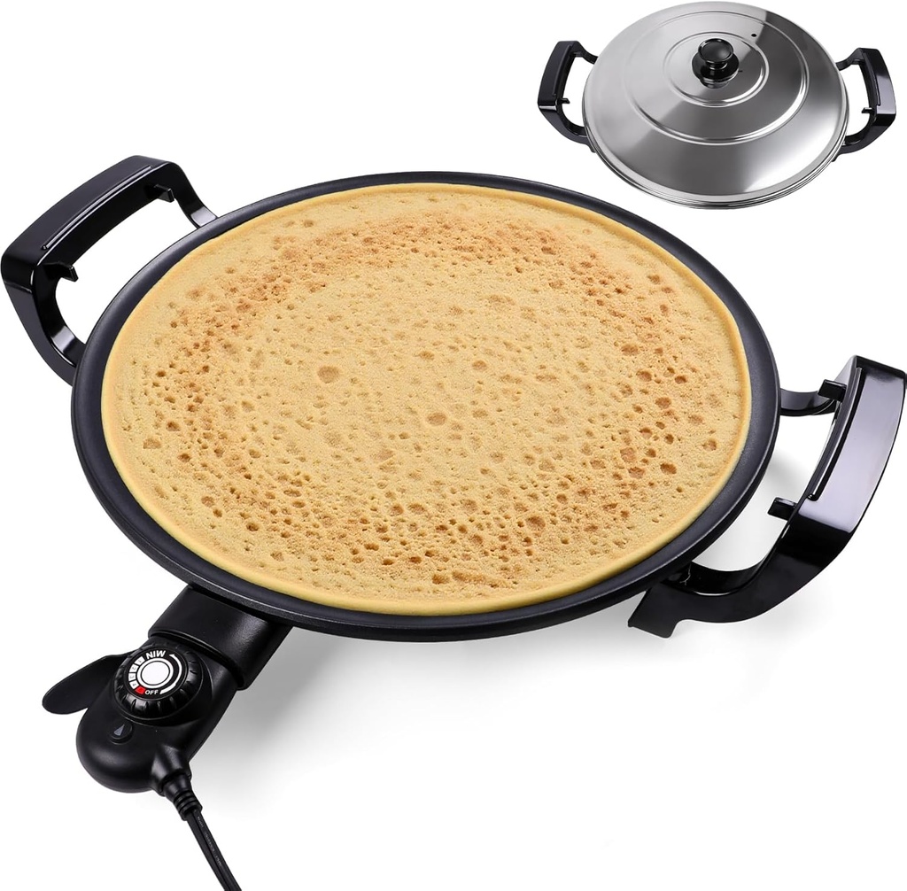 18.5” Electric Injera Maker, Mitad for Ethiopian Injera, Pancake Teff Maker, Electric Griddle with Lid, Non-Stick Surface, Easy to Clean, Adjustable Mechanical Knob Control, Even Heating