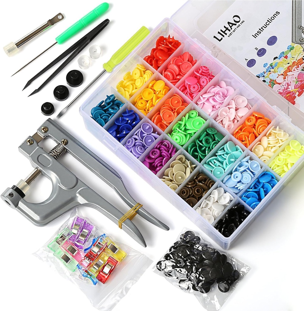 LIHAO Snaps and Snap Pliers Set, 375 Sets T5 Plastic Buttons for Sewing and Crafting