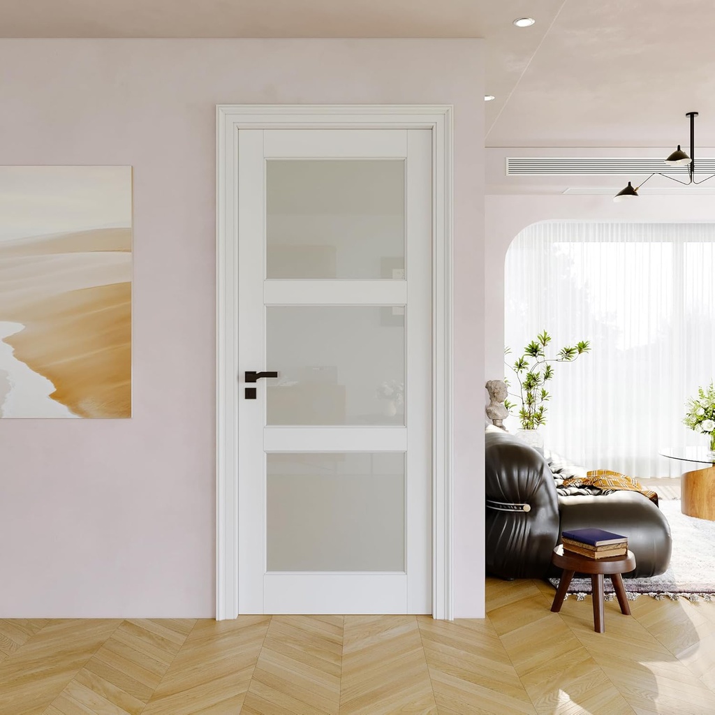 32"x80" CARB P2 Solid Core & Pre-Finished Thick SGCC Frost Glass Doors, Interior Door for Room, 3-Panel Pre-Built Wood Panel w/o Prehung Jamb, Slab Door for Closet, Bedroom Doors
