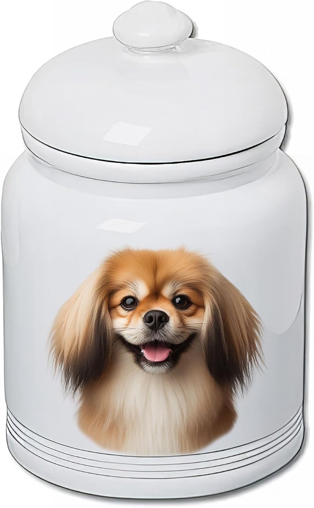 Best of Breed Tibetan Spaniel Fawn Dog and Cat Ceramic Treat Jar 9" Tall Air Tight Seal All White