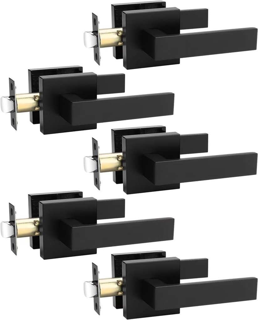 5 Pack Square Black Door Handles Interior, No Lock Passage Door Lever for Left or Right Handing, Heavy Duty Matte Black Closet Door Handle Sets