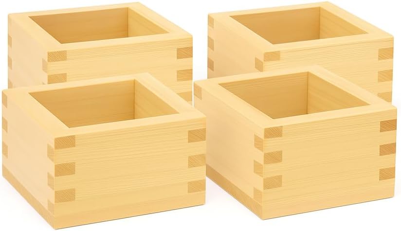 JapanBargain, 4-Pack Small Hinoki Cypress Masu Sake Cups – Made in Japan Wooden Sake Box Cups with Leak-Resistant Interlocking Joints, Natural Aroma – For Chilled Sake, 2 Ounce