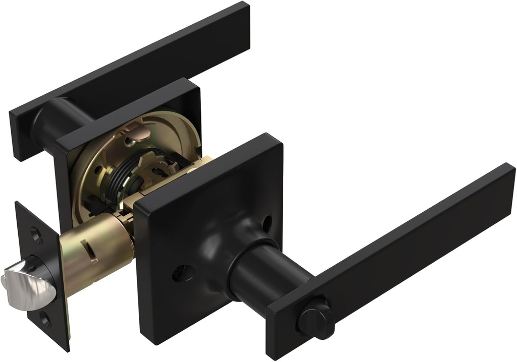 Door Handles Interior with Door Turn Lock - Privacy Heavy Duty Keyless Door Knobs, Black Reversible Square Door levers for Bathroom, Bedroom, and Rooms (1 Pack, Matte Black)